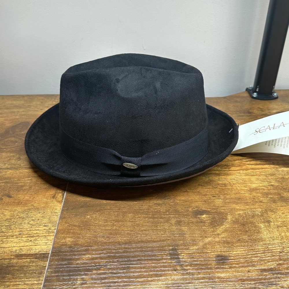 NEW Scala Classico Mens Black‎ Felt Fedora Hat Grosgrain Band XL SCA108 NWT